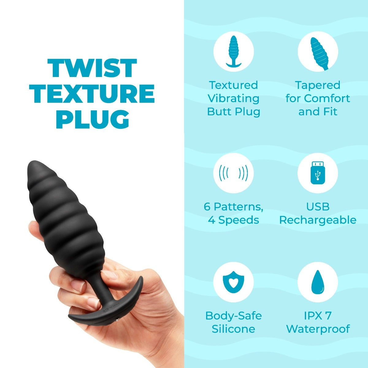 Black textured vibrating butt plug held by a hand, with product features on a light blue background.