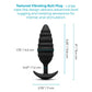 Black textured vibrating butt plug with dimension labels showing height, width, and tail length on a white background.