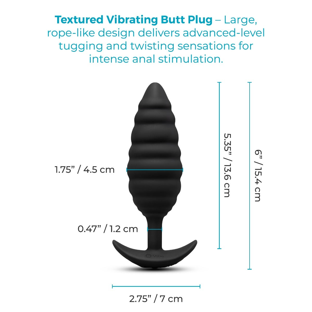 Black textured vibrating butt plug with dimension labels showing height, width, and tail length on a white background.