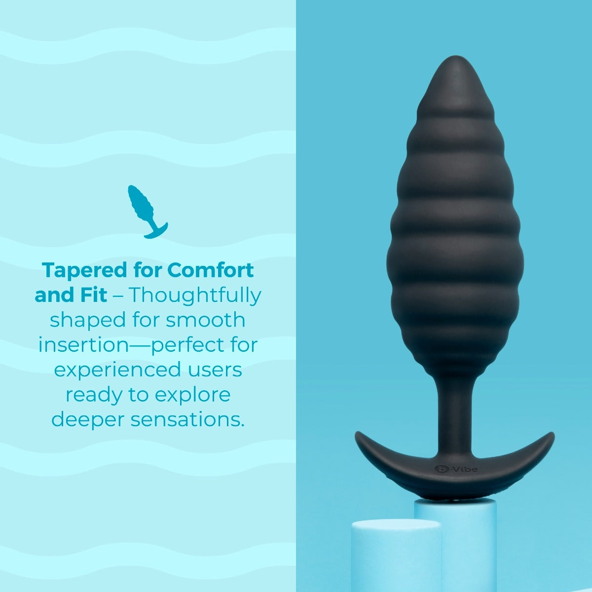 Black silicone butt plug on a blue background with text about comfort and fit.