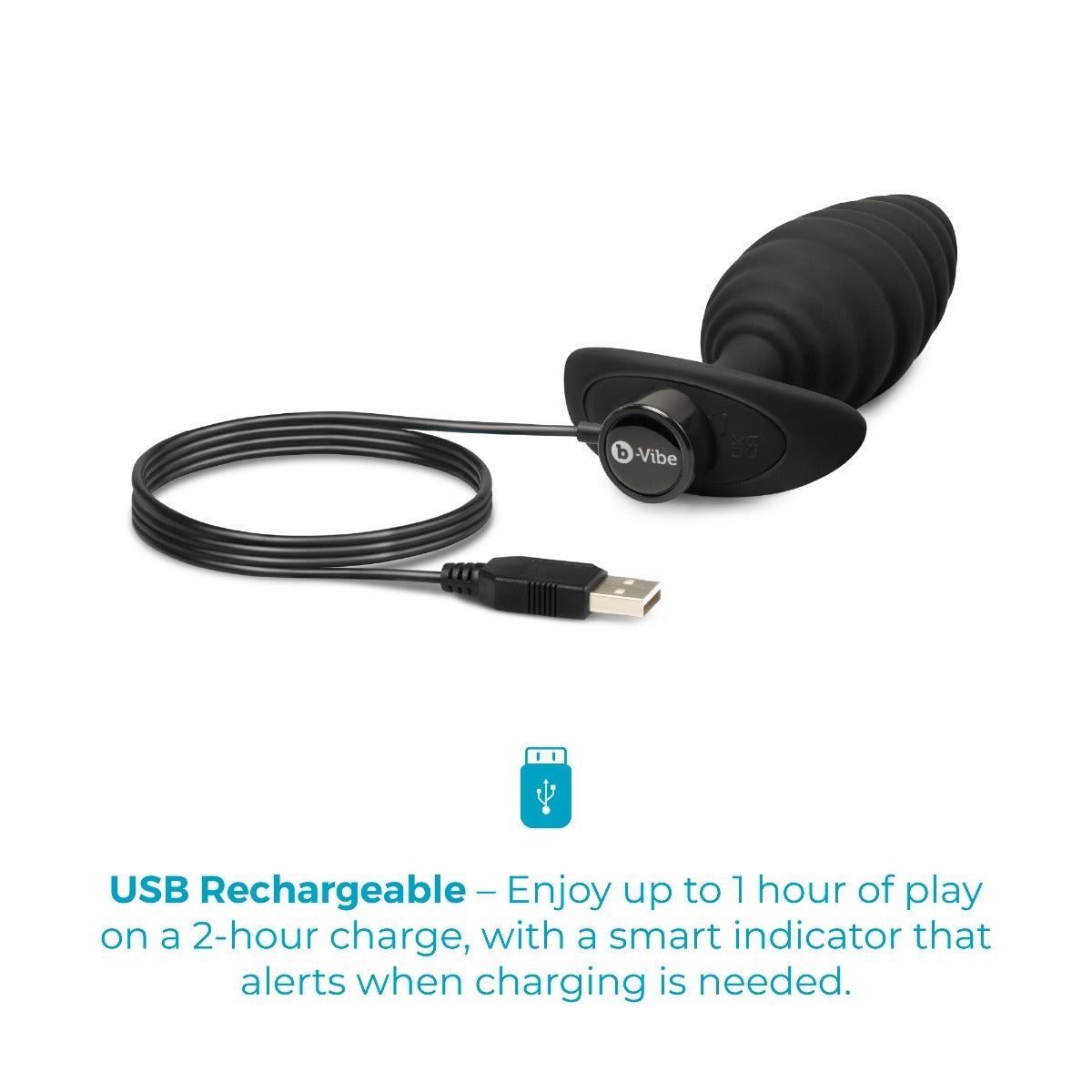 Black USB rechargeable device with cable on a white background