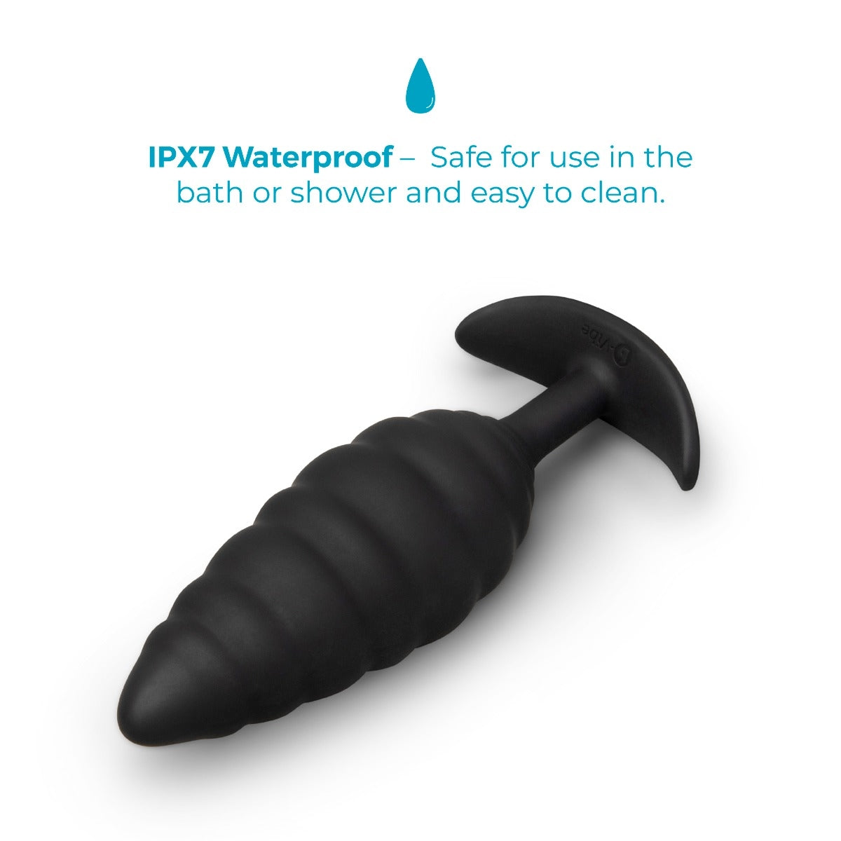 Black b-Vibe Twist Texture Plug Large with IPX7 waterproof feature on a white background