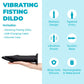 Vibrating fist dildo product with features listed on a light blue background