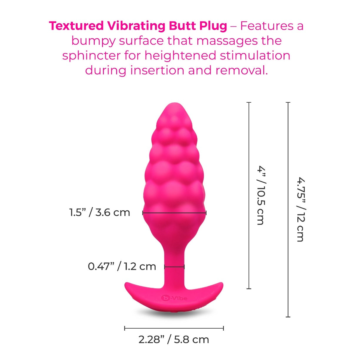Pink textured vibrating butt plug with measurements on a white background