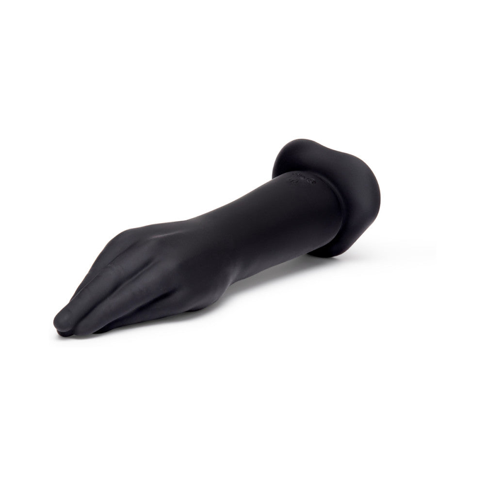Black silicone dildo on a white background