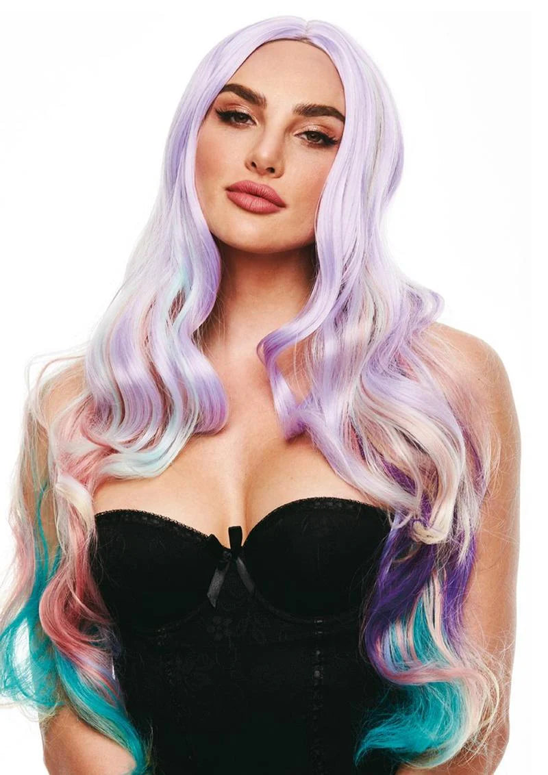 Woman with pastel-colored wig on a white background