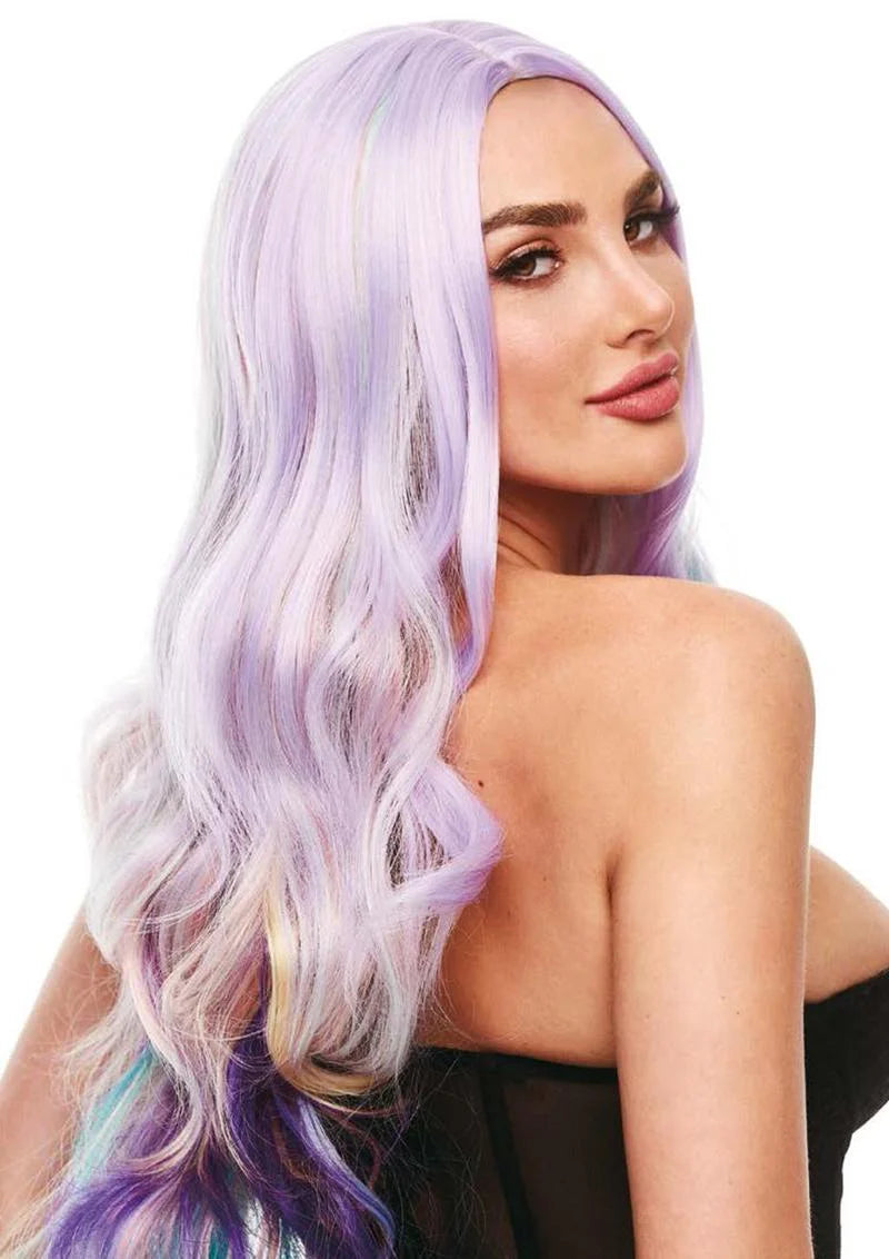 Woman with long, wavy, multicolored ella-wig-pastel-rainbow on a white background