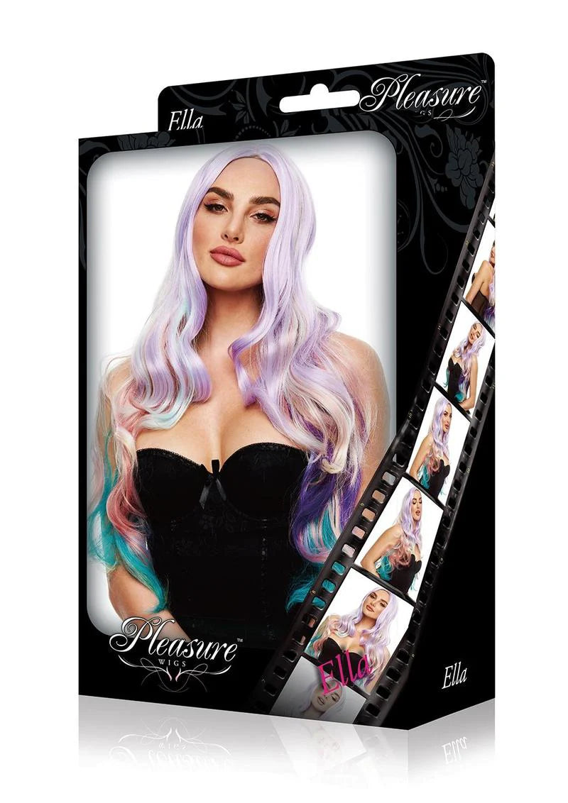 Product packaging for a wig with a model and brand name on a white background