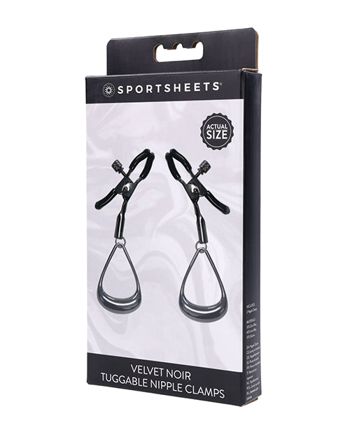Packaging of Sportsheets Velvet Noir tuggable nipple clamps on a white background