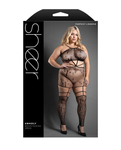 Sheer Unholy Gartered Bodystocking Dress w/Attached Stockings
