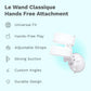 Le Wand Classique Hands Free Attachment with features listed on a light blue background
