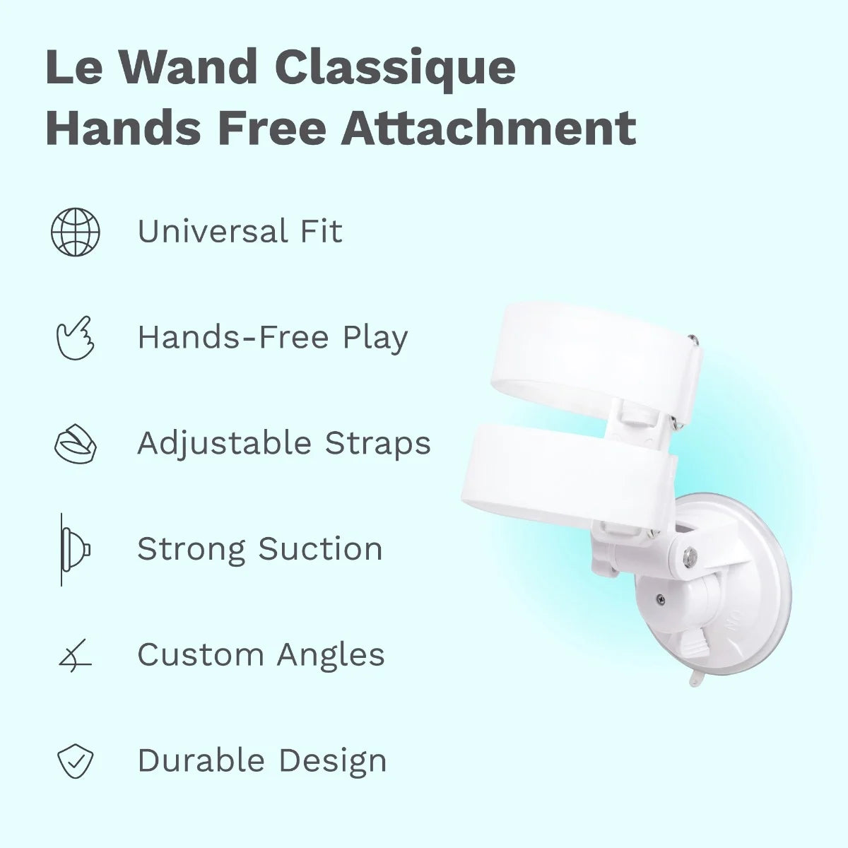 Le Wand Classique Hands Free Attachment with features listed on a light blue background