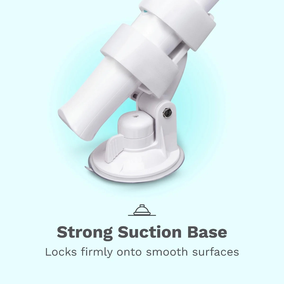 White suction cup mount on a light blue background with text 'Strong Suction Base'.