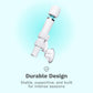 White handheld massager on a light blue gradient background with text about durability.