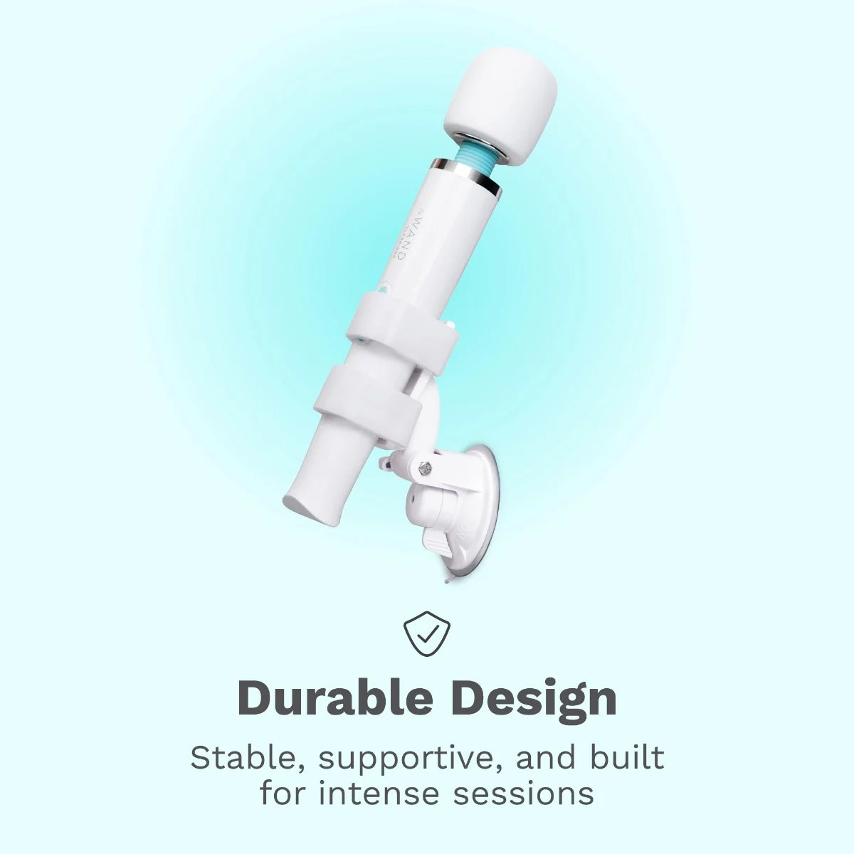 White handheld massager on a light blue gradient background with text about durability.