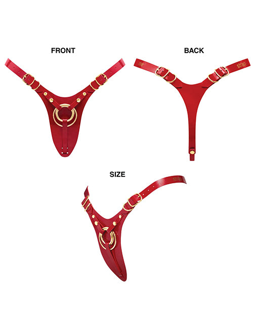 Red and gold thong Strap-on-Me Leatherette Harness Fabulous with front, back, and size views on a white background