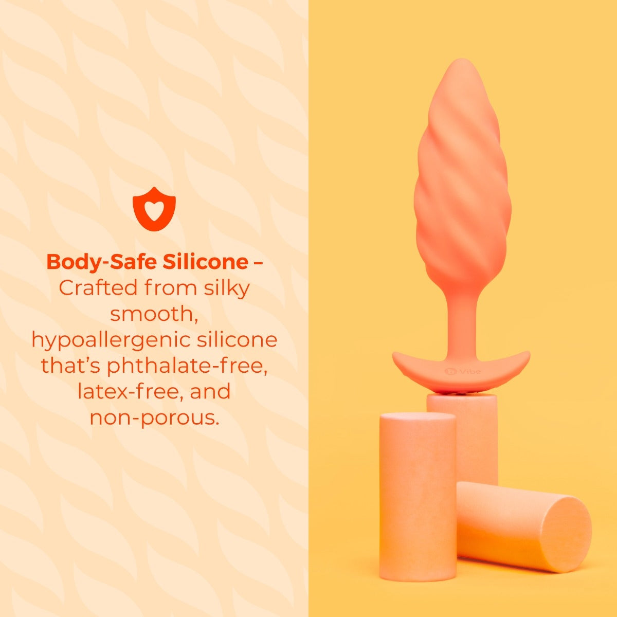 Pink silicone product on a yellow background with text about body-safe silicone.