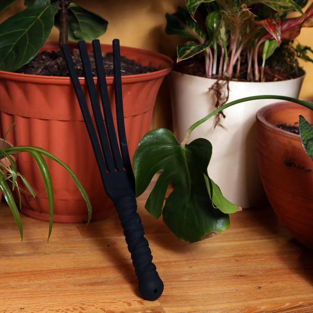 Black Tantus Tawse Paddle on a wooden surface with potted plants in the background